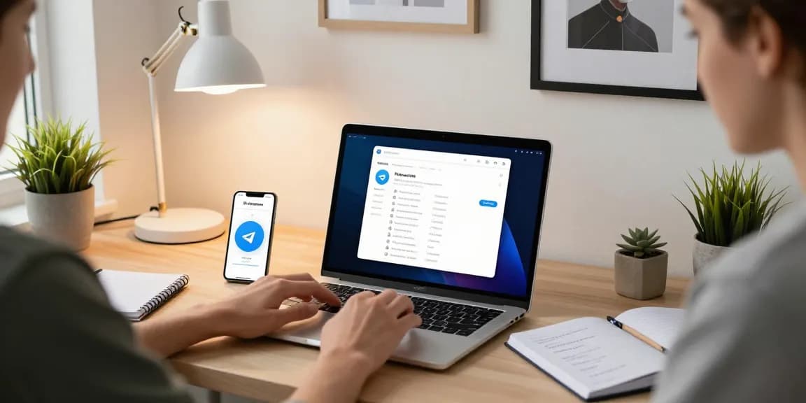 Using Telegram Web Version in a stylish home office setting with a laptop and notifications.