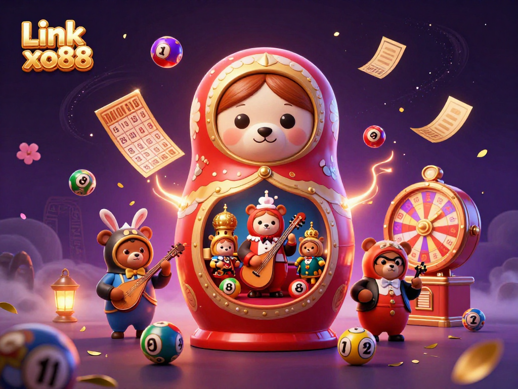Experience the magic of Link xo88 with vibrant casino-themed elements in a dynamic 3D scene.