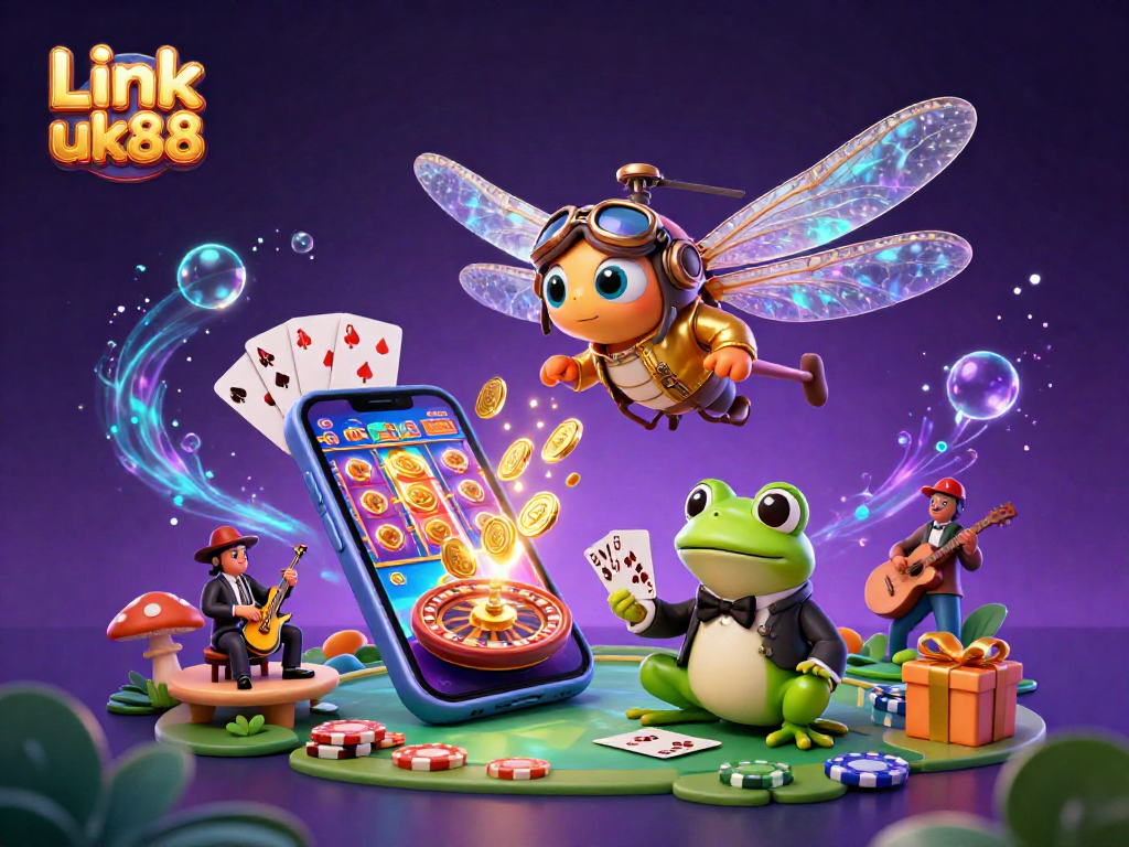 Spin the reels at Link uk88 with vibrant slots amidst a lively casino scene illustrated digitally.