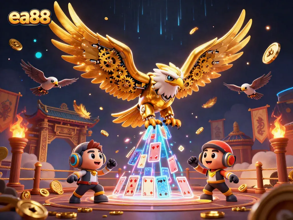 Engage with the thrilling experience of ea88 as a golden eagle dives amidst holographic cards for big wins.
