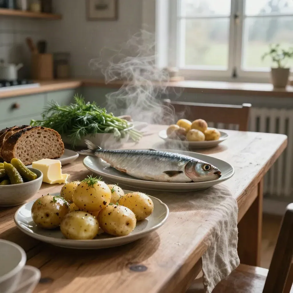 Svenskt köksbord med sill, nykokta potatisar, dill, rågbröd och syrade grönsaker i morgondimma.
