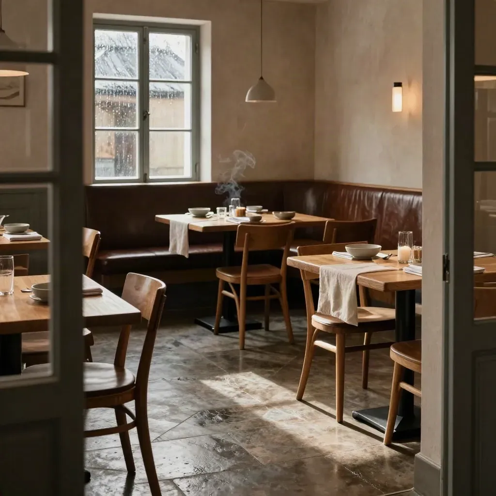 Tom restaurangsal i Skåne med bord, linneservetter, regn på rutorna och varm förväntan före servering.