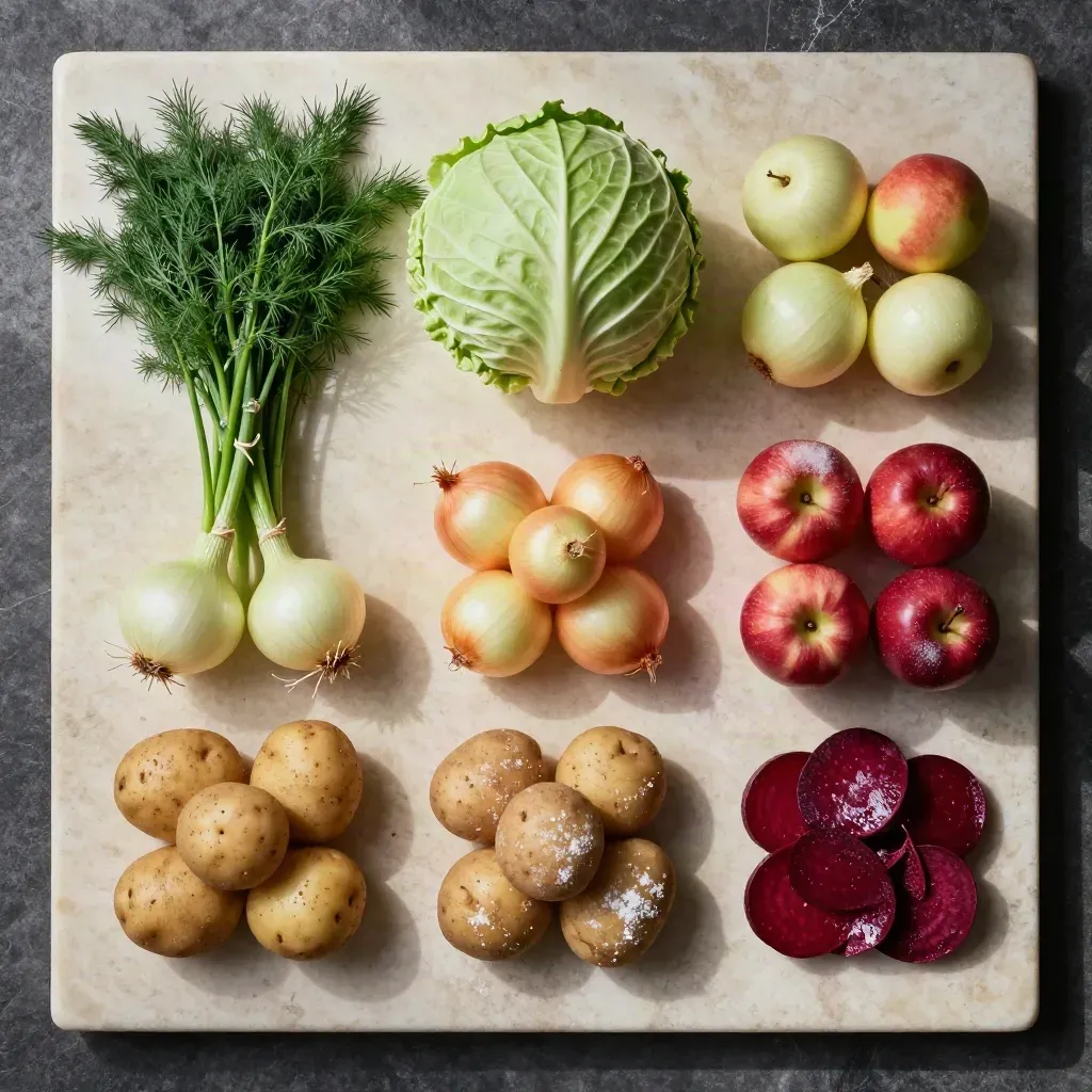 Sex svenska råvaror i ordnad flatlay på ljus sten: dill, kål, lök, potatis, äpplen och rödbetor.