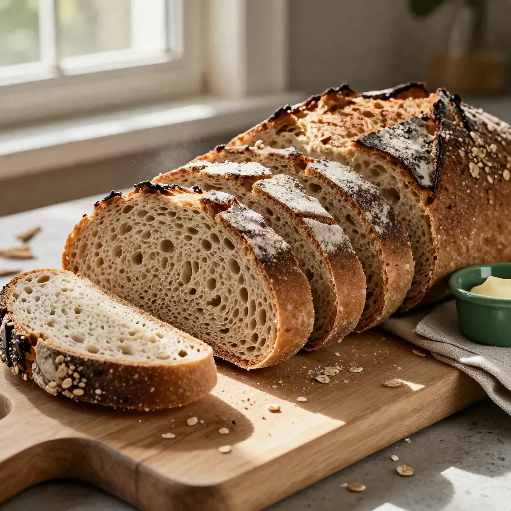 Nysnittat limpa-, kavring- och tunnbröd med linneservett och liten smörskål på bräda.