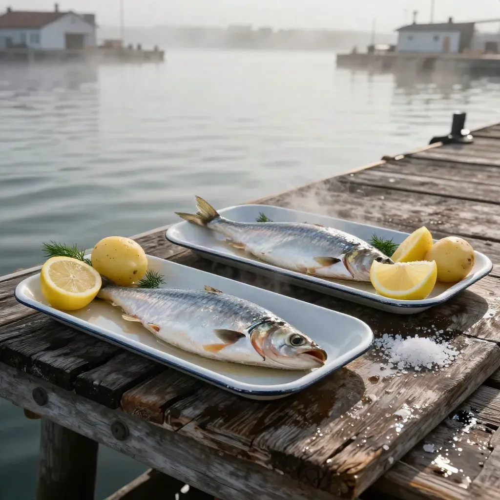 Rökt sill och strömming på emaljtallrikar vid en brygga med dimmig havsbild.