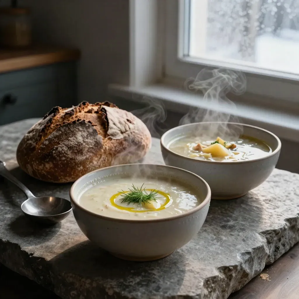 Två djupa soppskålar, bröd och slev på en stenbänk med ånga och frostigt fönsterljus.