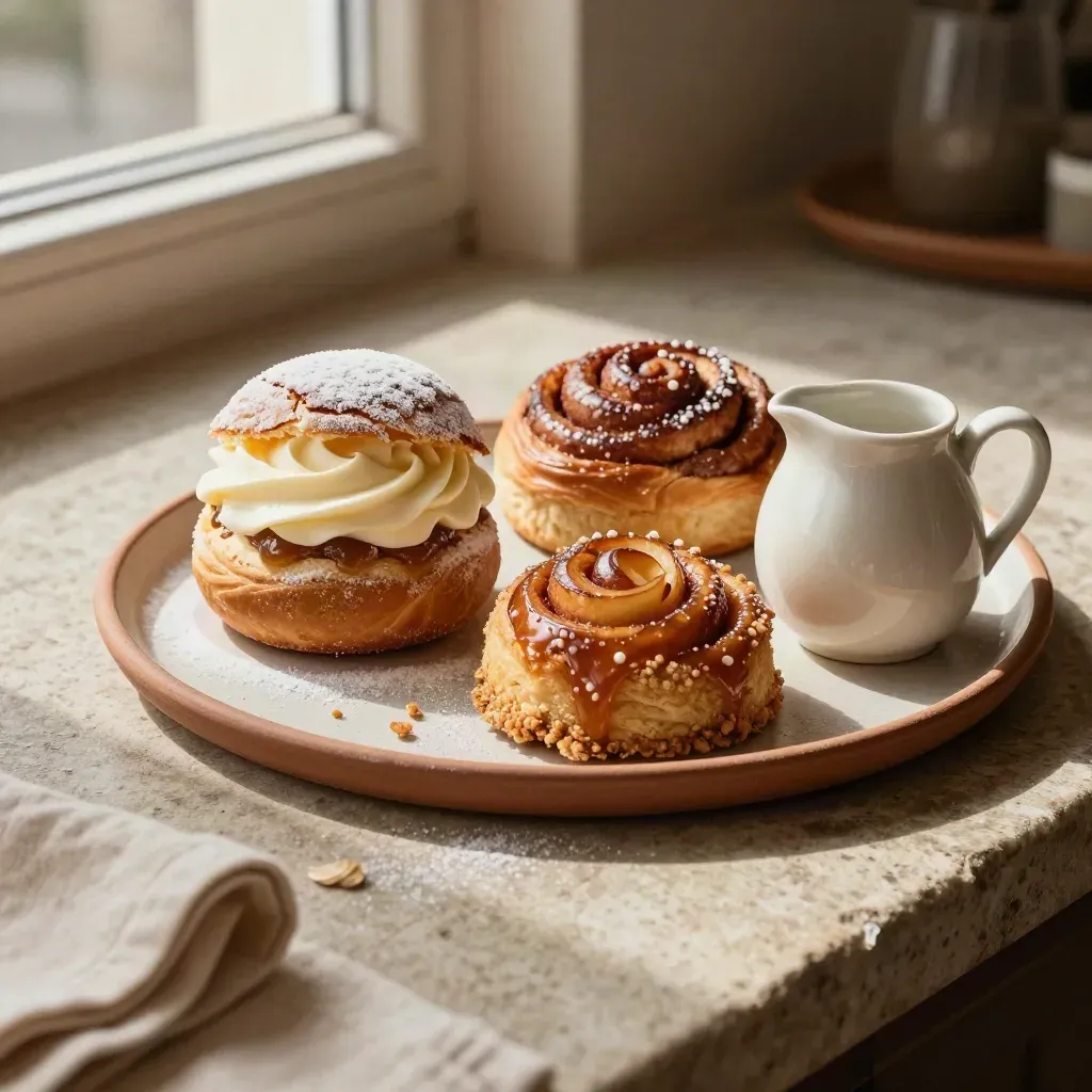 Semla, kanelbulle och äppelkaka på duk med liten keramikkanna