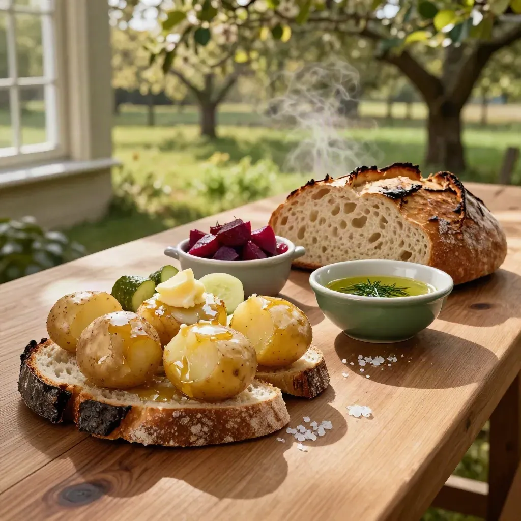Närbild av skånskt matbord med potatis, surdegsbröd, inläggningar och keramik i en fruktträdgård.