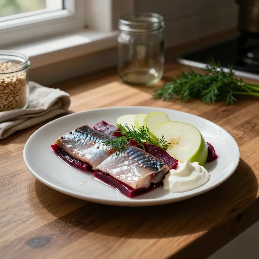 Silltallrik med rödbeta, äpple, dill och gräddfil på vitt fat i mörkt köksljus.