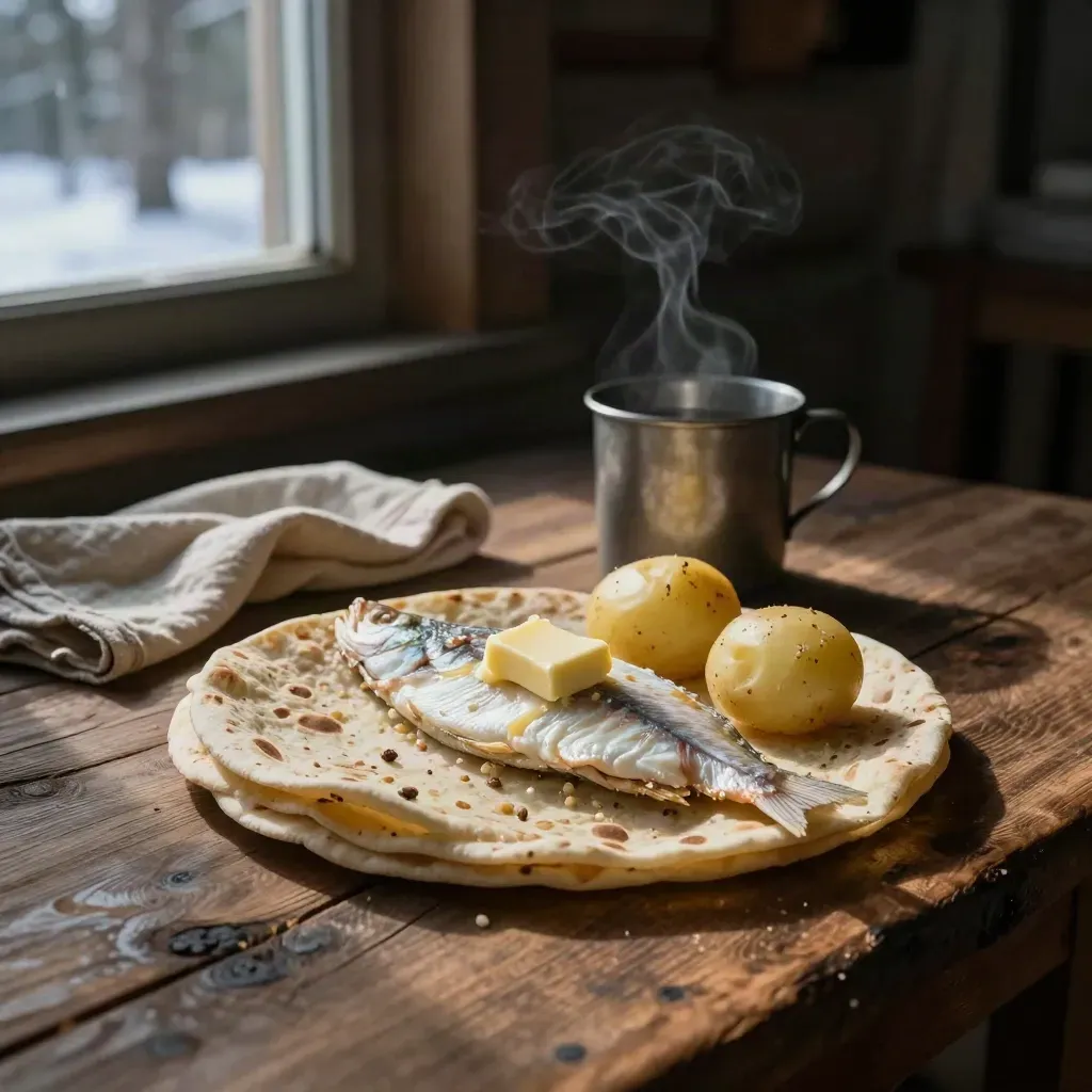 En nordlig måltid med flatbröd, fisk, potatis och metallkopp i en mörknande stuga.