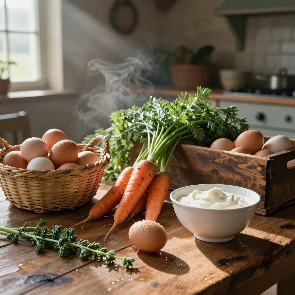 Ägg, morötter, örter och grädde på ett gårdskökbord med ladan mjukt i bakgrunden.
