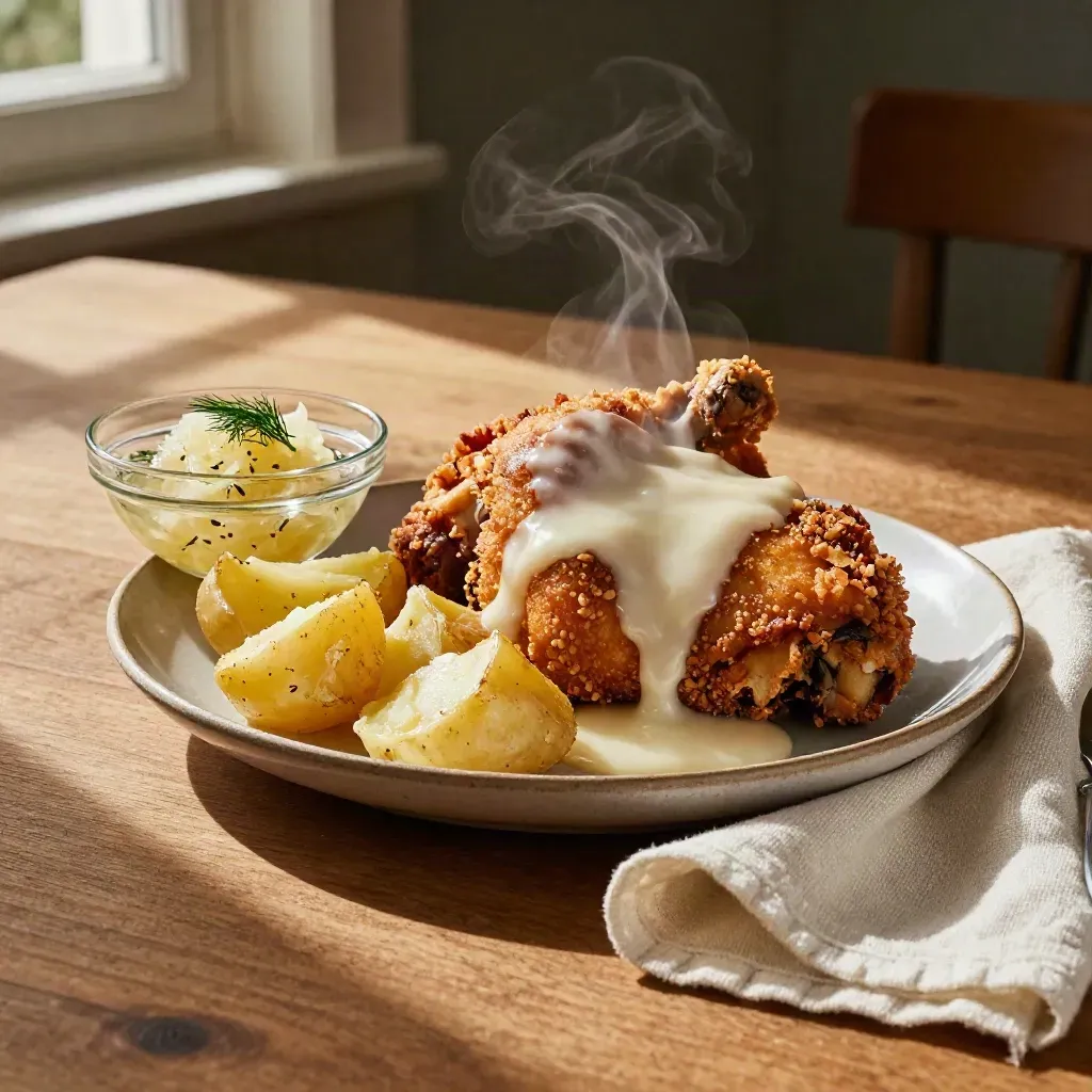 Stekt kyckling, potatis, sås och inlagd gurka på ett enkelt familjebord i varmt ljus.