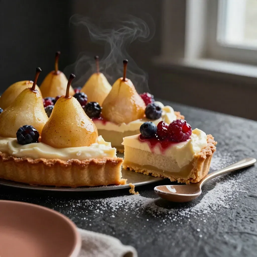 Pärontårta med bär och vaniljkräm på mörkt dessertbord, med florsocker och ånga.