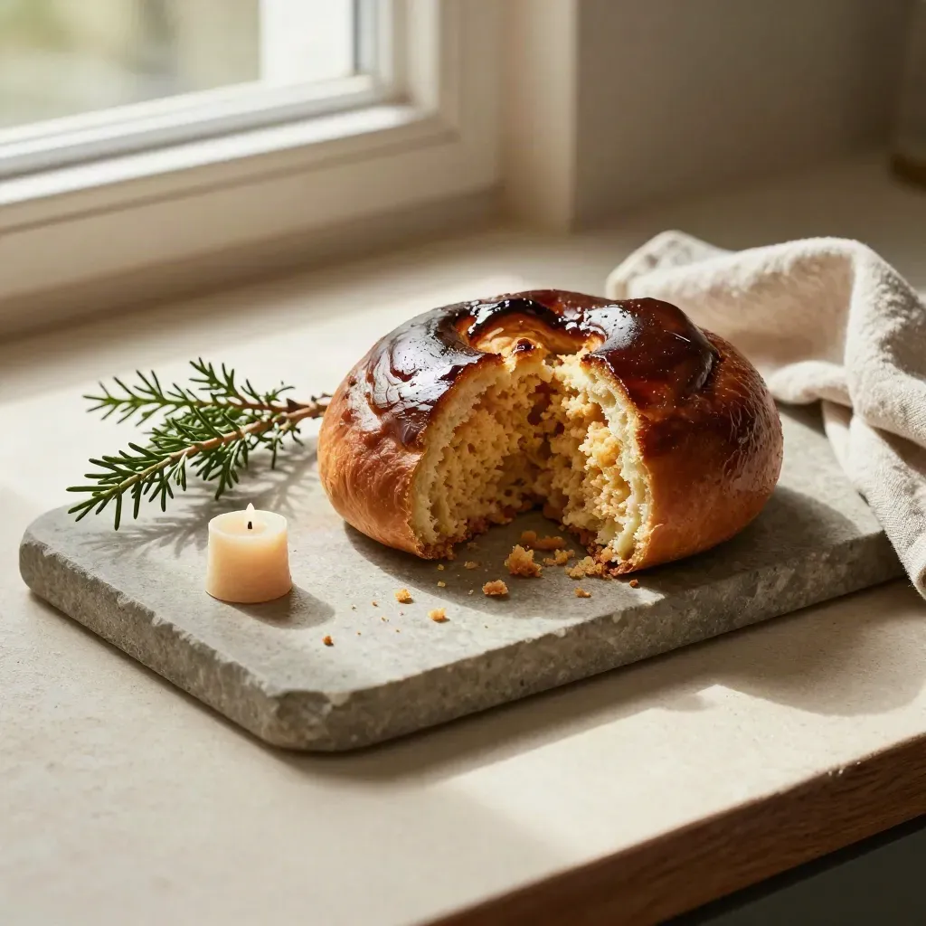 Saffransbulle med ljusstump och enbärskvist på glaserad bricka i varmt mjukt ljus.