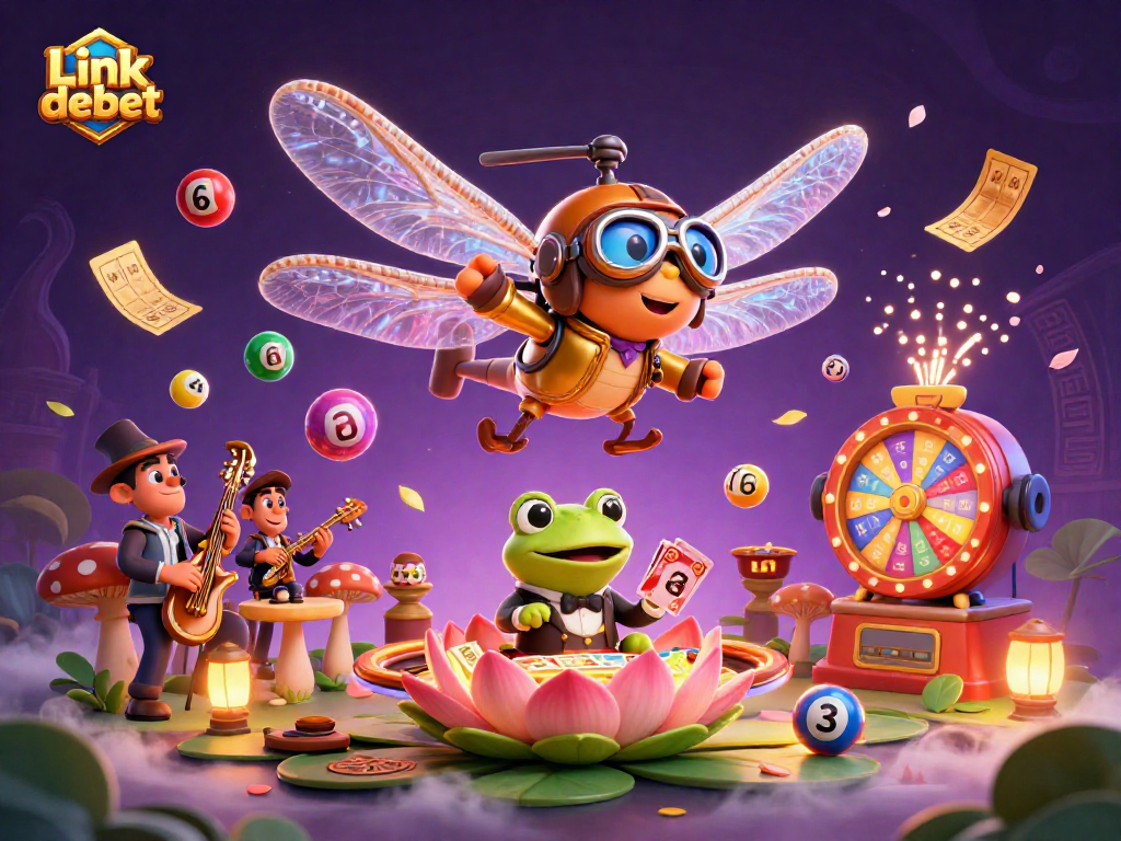 Enhance your play with Link debet in this vibrant casino illustration depicting a dragonfly pilot and gaming elements.