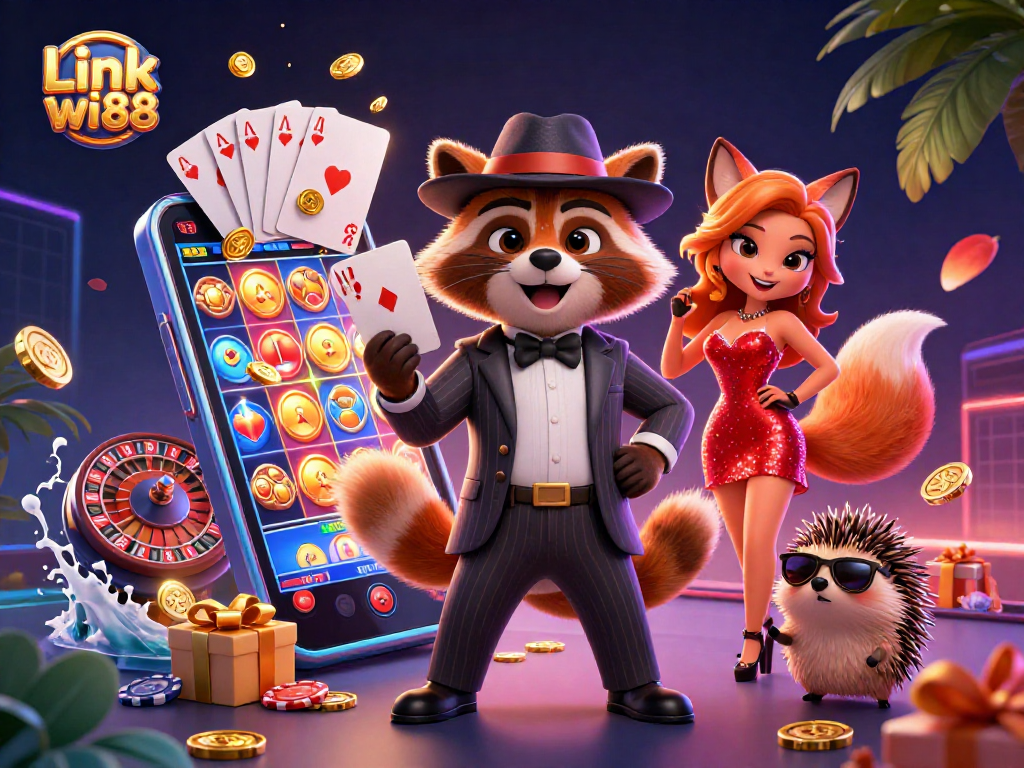 Experience the thrills of Link wi88 with a vibrant 3D casino illustration featuring unique gaming elements.
