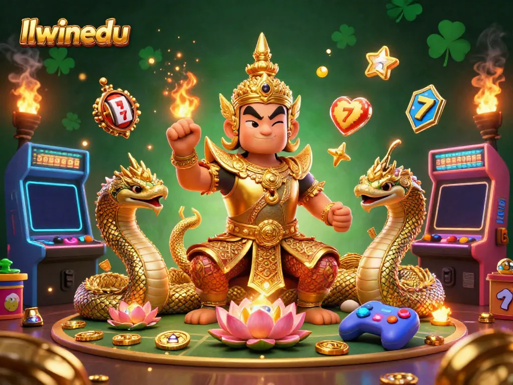 Experience thrilling gameplay at llwinedu with vibrant slot machines and charismatic Thai temple guardian in action.