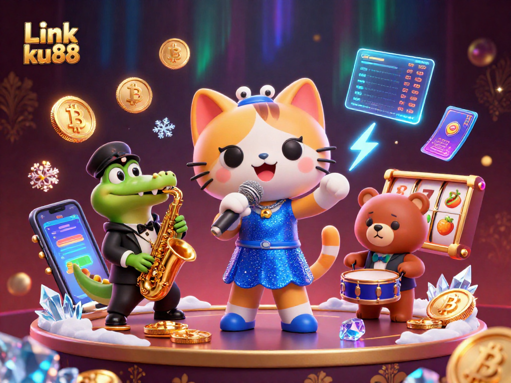 Engage in vibrant gaming with Link ku88, featuring fun casino characters amidst crypto elements.