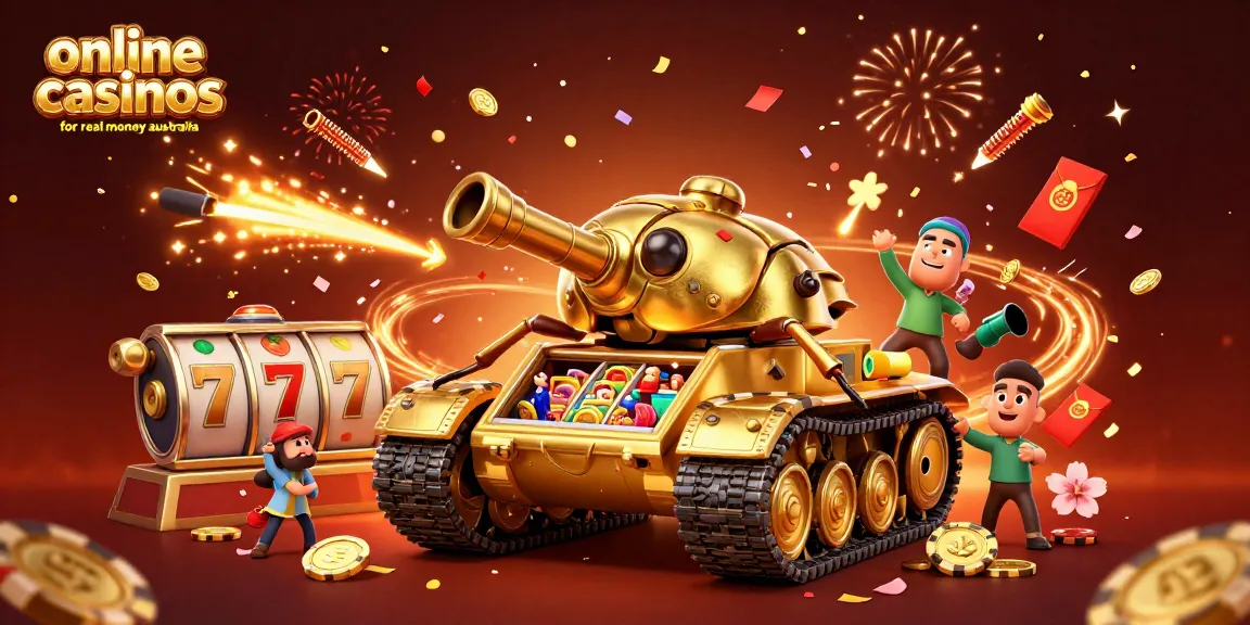Experience online casinos for real money Australia with vibrant 3D character action and festive casino elements.